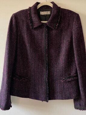 Vintage Y2K Tahari Womens Purple Tweed Preppy Fringe Hem Blazer Jacket Size 14